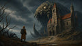 GRID THUMBNAIL — A hooded traveller stands before a gothic stone cathedral while a colossal, clawed, rock-skinned creature looms behind under stormy skies.