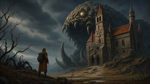 GRID THUMBNAIL — A hooded traveller stands before a gothic stone cathedral while a colossal, clawed, rock-skinned creature looms behind under stormy skies.