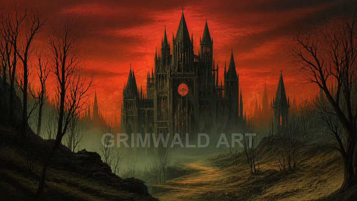A towering gothic cathedral with spires rises from mist amid leafless trees beneath a blood-red sunset sky, approached by a winding path.