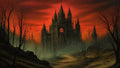 GRID THUMBNAIL — A towering gothic cathedral with spires rises from mist amid leafless trees beneath a blood-red sunset sky, approached by a winding path.