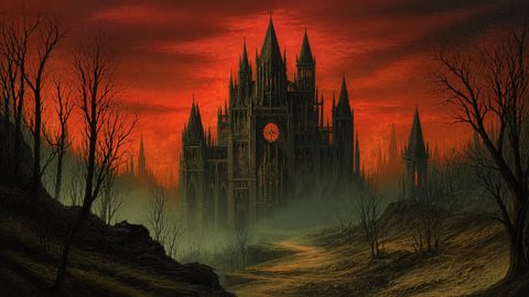 GRID THUMBNAIL — A towering gothic cathedral with spires rises from mist amid leafless trees beneath a blood-red sunset sky, approached by a winding path.