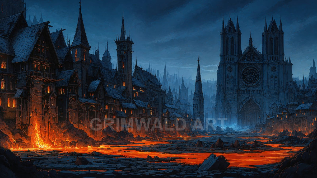 Night-time gothic city with towering cathedral, orange lava rivers cutting through dark streets, glowing windows and spires beneath a brooding sky.