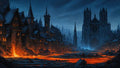 GRID THUMBNAIL — Night-time gothic city with towering cathedral, orange lava rivers cutting through dark streets, glowing windows and spires beneath a brooding sky.
