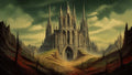 GRID THUMBNAIL — A monumental gothic cathedral dominates a barren valley beneath green-tinged clouds, with jagged hills, leafless trees and a winding path.