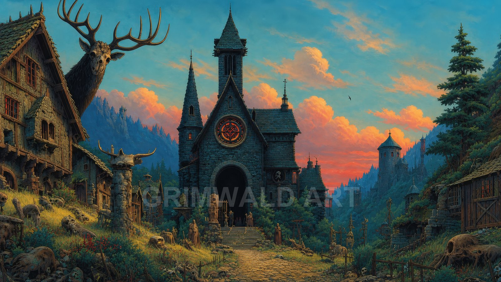 Gothic stone chapel with a red stained-glass window in a mountain village at sunset, bone totems and a colossal antlered creature looming.