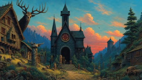 GRID THUMBNAIL — Gothic stone chapel with a red stained-glass window in a mountain village at sunset, bone totems and a colossal antlered creature looming.