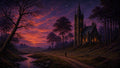 GRID THUMBNAIL — Gothic stone chapel glowing with warm light above a forest path and winding stream beneath a purple twilight sky filled with stars.