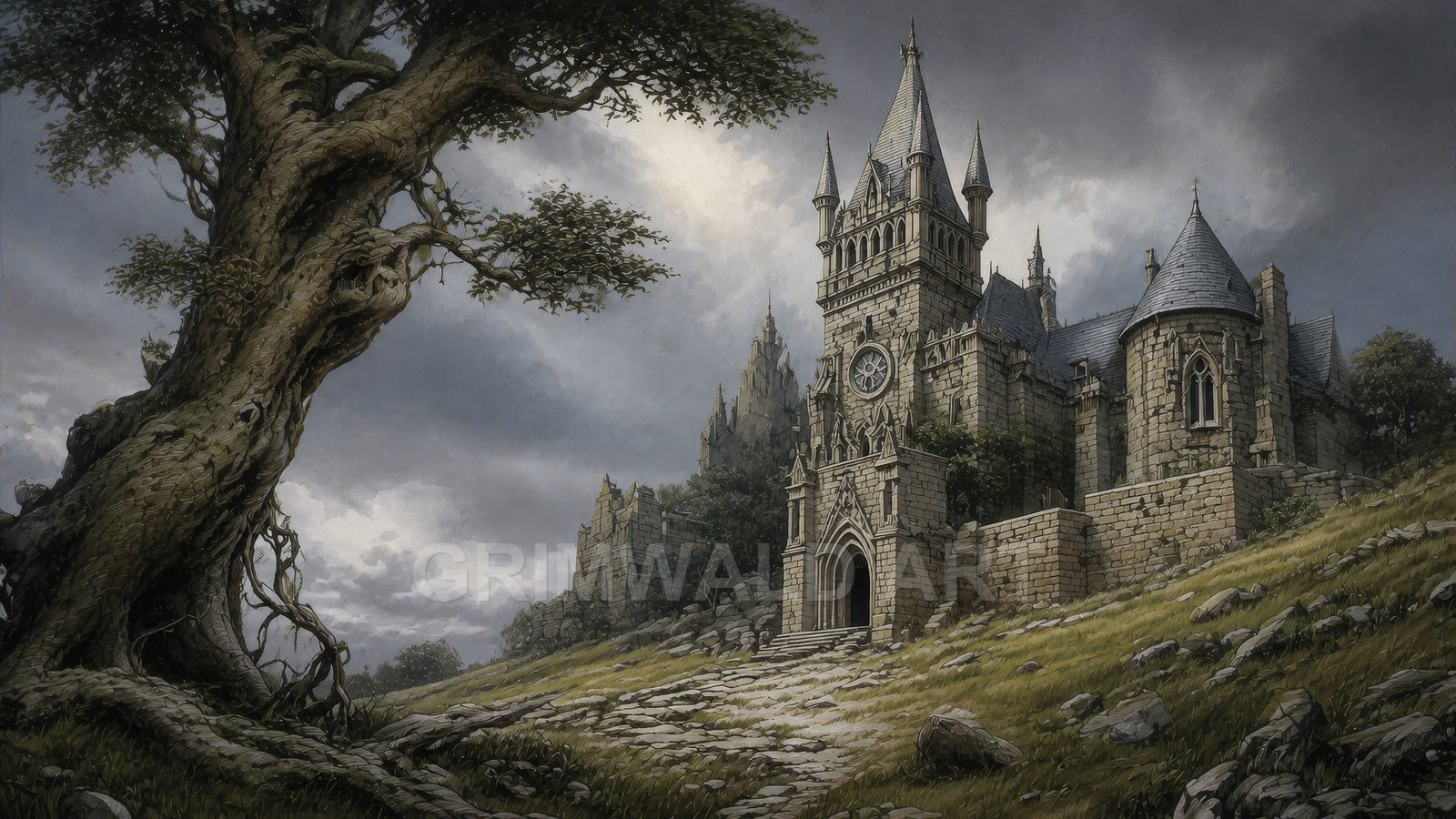 Gothic stone castle with clocktower on a grassy hillside, a gnarled tree in the foreground, under heavy grey clouds and moody daylight.
