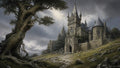 GRID THUMBNAIL — Gothic stone castle with clocktower on a grassy hillside, a gnarled tree in the foreground, under heavy grey clouds and moody daylight.