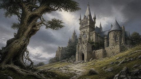 GRID THUMBNAIL — Gothic stone castle with clocktower on a grassy hillside, a gnarled tree in the foreground, under heavy grey clouds and moody daylight.
