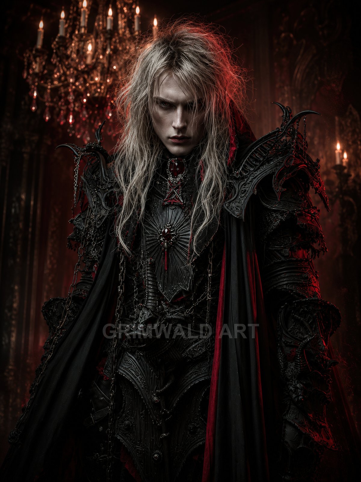 Androgynous pale warrior in elaborate black gothic armour with chains, skull motifs and red accents, standing indoors beneath a candlelit chandelier in a firelit hall.