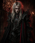 GRID THUMBNAIL — Androgynous pale warrior in elaborate black gothic armour with chains, skull motifs and red accents, standing indoors beneath a candlelit chandelier in a firelit hall.