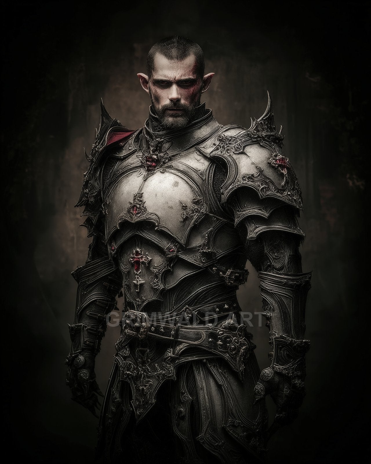 Portrait of a stern elf knight in ornate dark plate armour with red gem inlays, standing against a shadowy dungeon backdrop, moody lighting.