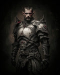 GRID THUMBNAIL — Portrait of a stern elf knight in ornate dark plate armour with red gem inlays, standing against a shadowy dungeon backdrop, moody lighting.