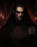 GRID THUMBNAIL — Brooding male elf with glowing red eyes and long dark hair, wearing ornate black armour, firelit by candles in a gothic cathedral interior.