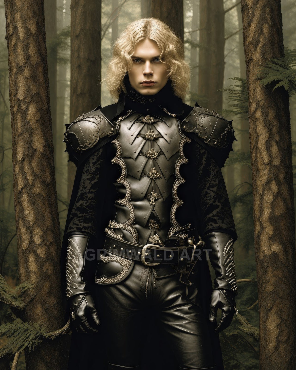 Androgynous knight in ornate black armour stands in a misty forest, cloak draped, gloved hands, sword at belt, moody atmospheric lighting.