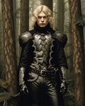 GRID THUMBNAIL — Androgynous knight in ornate black armour stands in a misty forest, cloak draped, gloved hands, sword at belt, moody atmospheric lighting.