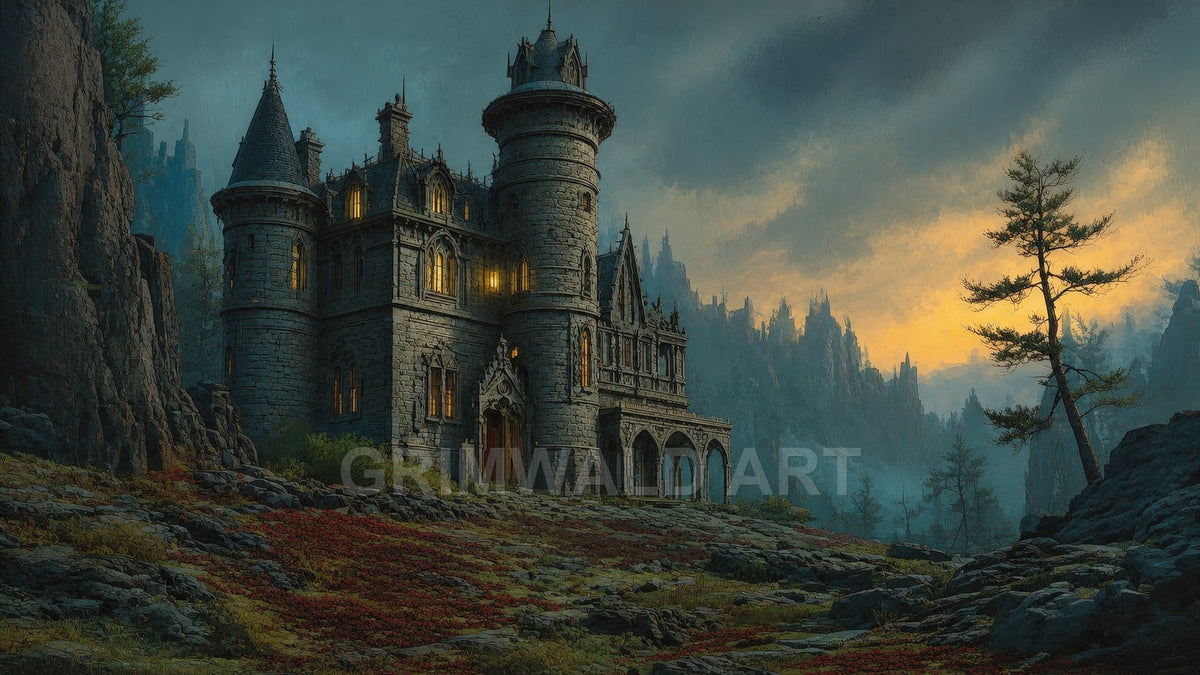 A gothic stone castle with glowing windows stands on rocky mountain slopes at dusk, beneath moody clouds and misty pine-covered peaks.