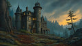 GRID THUMBNAIL — A gothic stone castle with glowing windows stands on rocky mountain slopes at dusk, beneath moody clouds and misty pine-covered peaks.