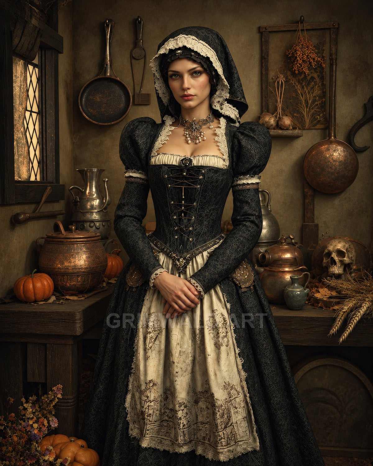A young woman in a dark lace gown and bonnet stands in a rustic kitchen with copper pots, pumpkins, drying herbs, and a skull.