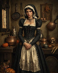 GRID THUMBNAIL — A young woman in a dark lace gown and bonnet stands in a rustic kitchen with copper pots, pumpkins, drying herbs, and a skull.