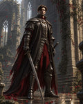 GRID THUMBNAIL — A male knight in ornate dark armour and a tattered red cloak stands with sword amid ivy-clad ruined cathedral arches and drifting petals.