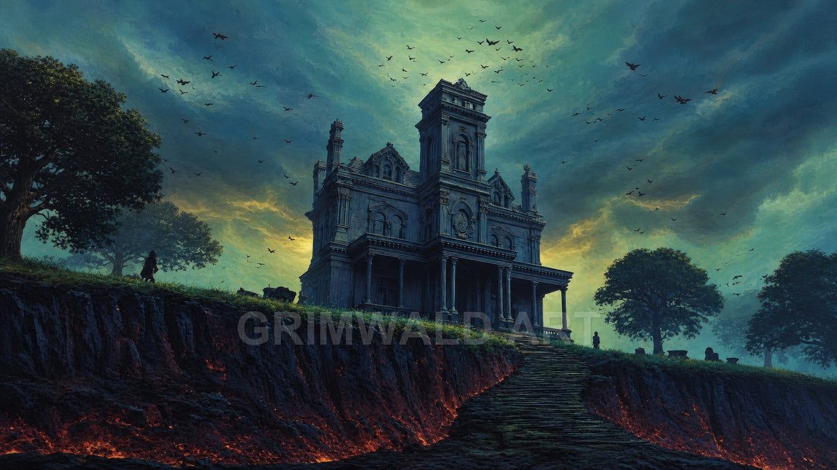 Gothic stone mansion on a cliff with a long stair, stormy teal sky, circling birds, trees, and a glowing lava fissure below.
