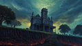 GRID THUMBNAIL — Gothic stone mansion on a cliff with a long stair, stormy teal sky, circling birds, trees, and a glowing lava fissure below.