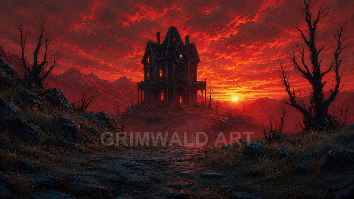 A dark gothic mansion crowns a rocky hill at sunset, fiery red clouds burn overhead, windows glowing amid skeletal trees and distant mountain ridges.