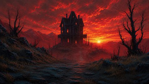 GRID THUMBNAIL — A dark gothic mansion crowns a rocky hill at sunset, fiery red clouds burn overhead, windows glowing amid skeletal trees and distant mountain ridges.