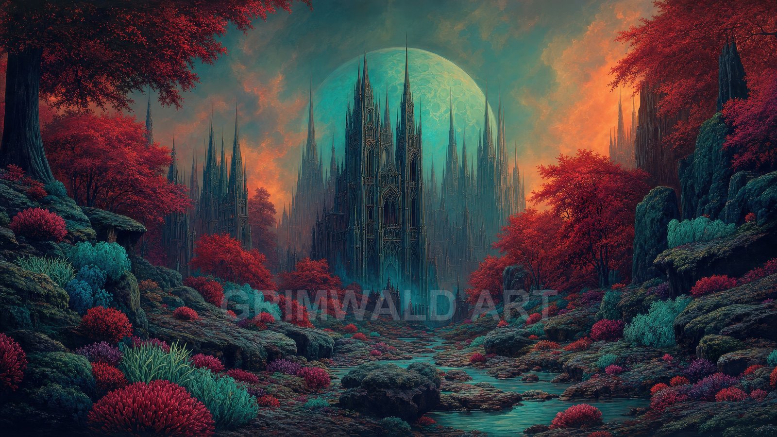 A towering gothic castle-city beneath a vast turquoise moon, surrounded by red trees, teal shrubs, rocky terraces and a winding stream.