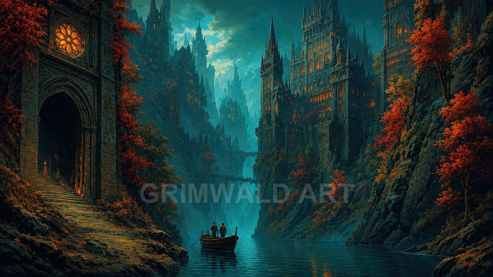 Gothic castles tower over a misty river gorge, warm windows and torches glowing as a small boat glides past autumn trees at twilight.