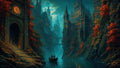 GRID THUMBNAIL — Gothic castles tower over a misty river gorge, warm windows and torches glowing as a small boat glides past autumn trees at twilight.