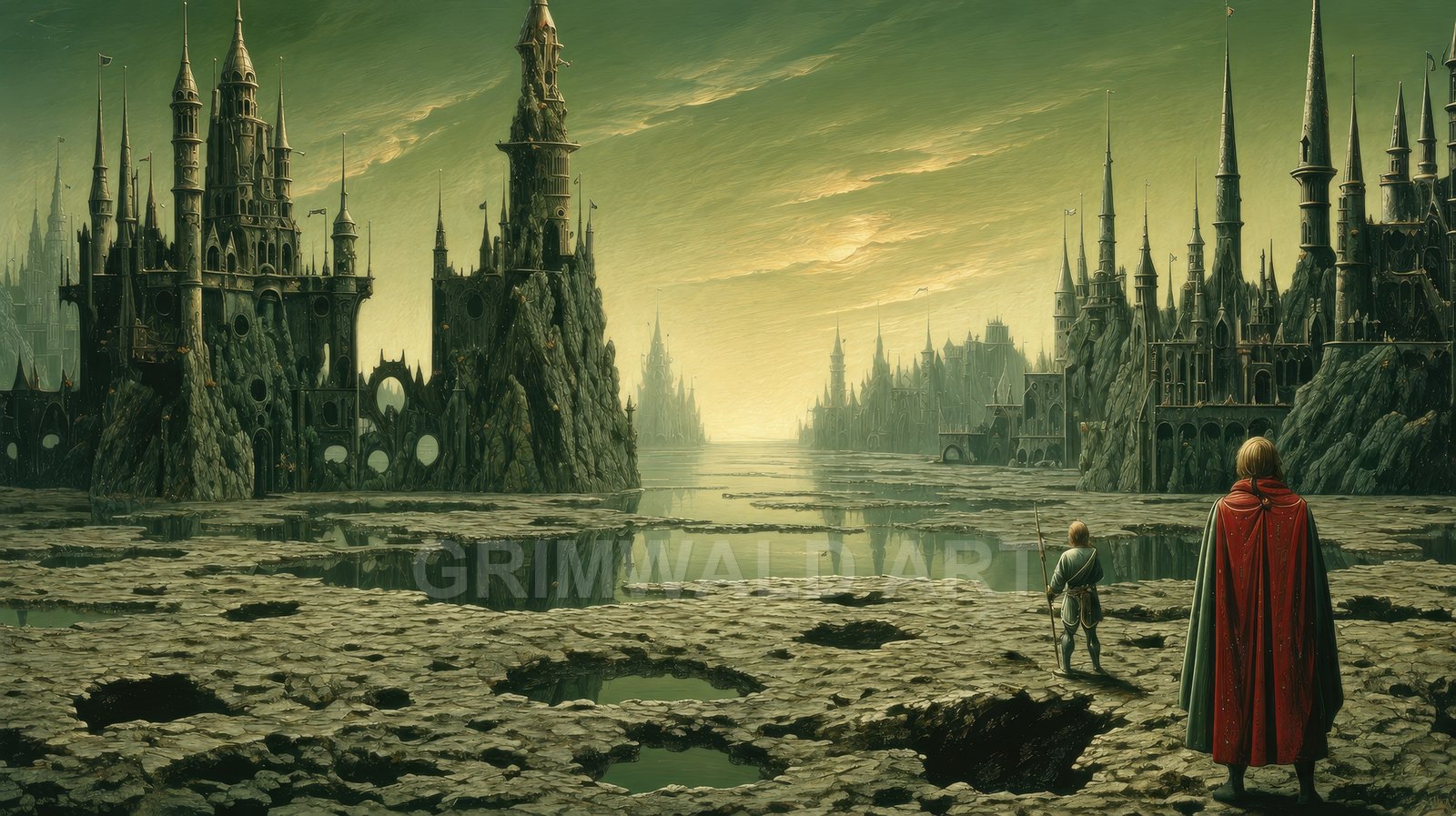 Gothic castles rise from rocky islands along a still river under a green twilight sky, with two cloaked figures observing the scene.