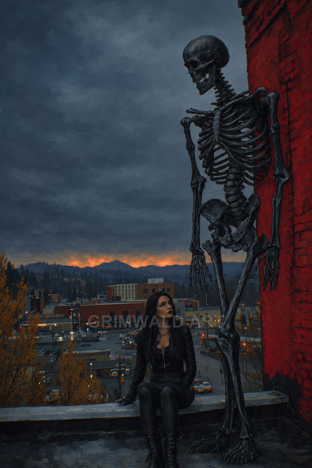 A gothic woman in black sits on a rooftop beside a towering skeleton, city lights below and fiery sunset beyond dark mountains.