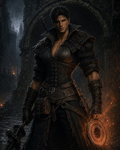 GRID THUMBNAIL — A brooding male sorcerer in dark leather armour stands in ruined gothic archways at night, wielding a sword and hammer, conjuring a glowing magic circle.