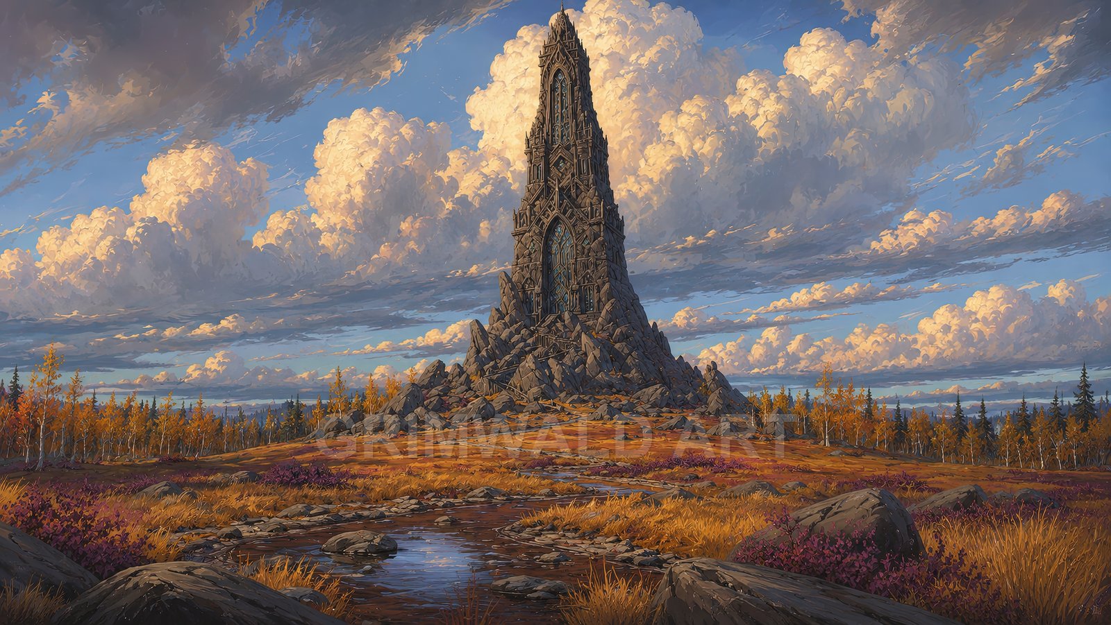 A towering gothic stone spire rises from rocky ground above an autumn moor, with a reflective stream and vast golden-hour clouds under a blue sky.