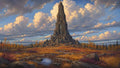 GRID THUMBNAIL — A towering gothic stone spire rises from rocky ground above an autumn moor, with a reflective stream and vast golden-hour clouds under a blue sky.