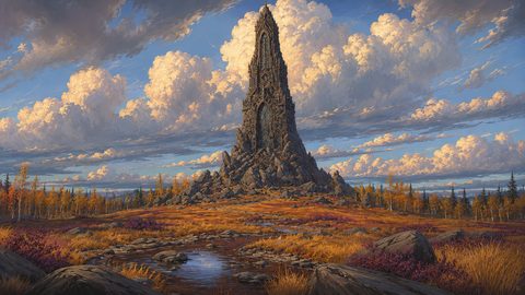 GRID THUMBNAIL — A towering gothic stone spire rises from rocky ground above an autumn moor, with a reflective stream and vast golden-hour clouds under a blue sky.