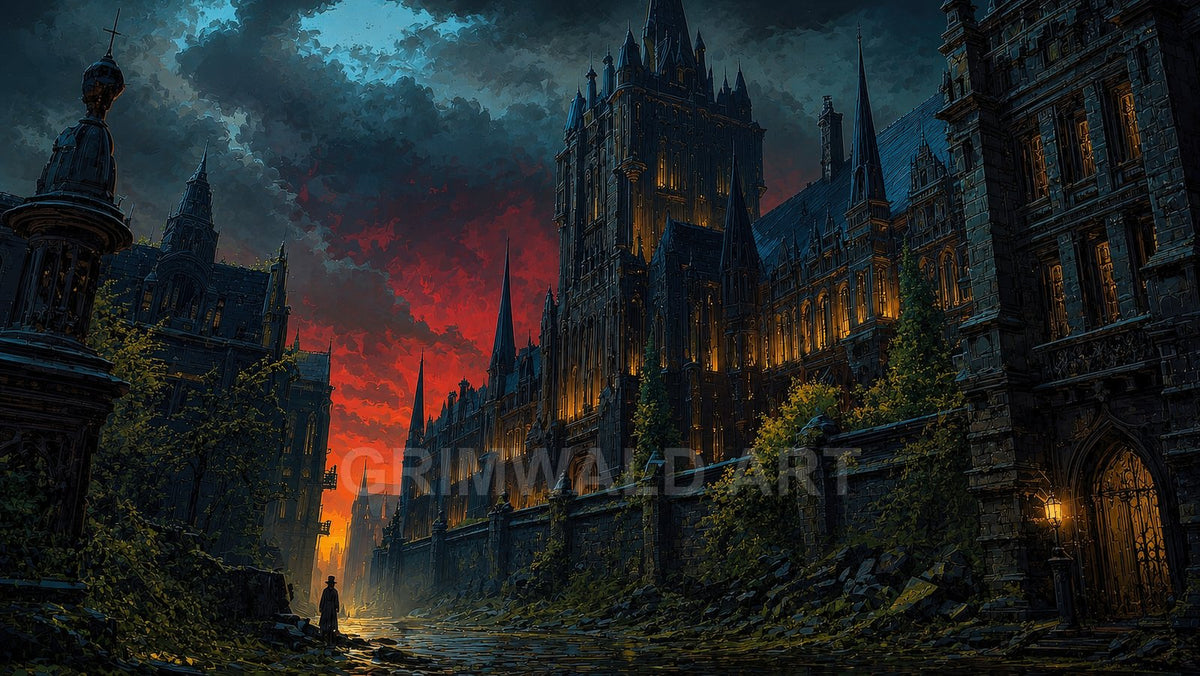 Gothic city street at twilight, towering cathedral spires lit by warm windows and lanterns beneath a dramatic red and blue stormy sky.