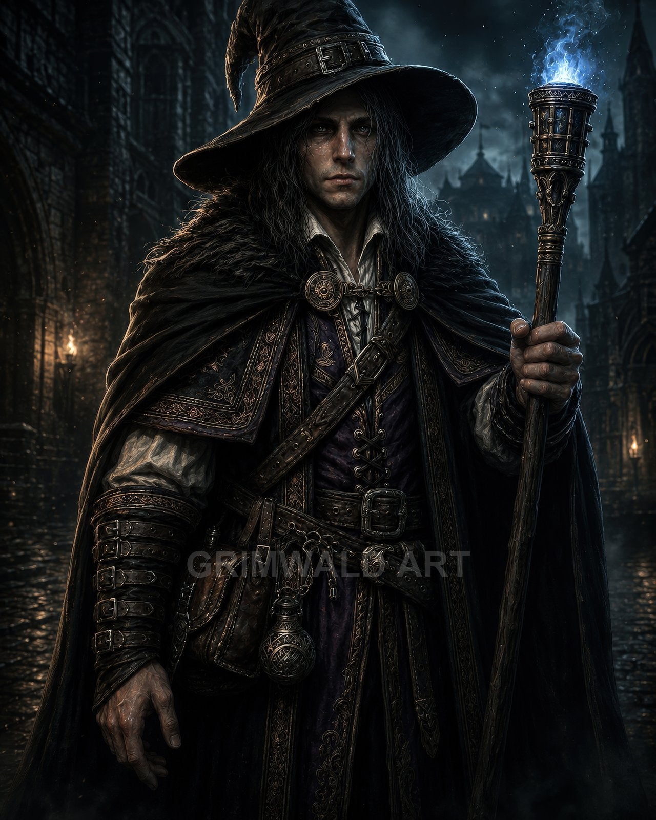 Weathered wizard in a broad-brim hat and ornate dark robes holds a blue-flamed staff on a rain-slick gothic city street at night.