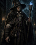 GRID THUMBNAIL — Weathered wizard in a broad-brim hat and ornate dark robes holds a blue-flamed staff on a rain-slick gothic city street at night.