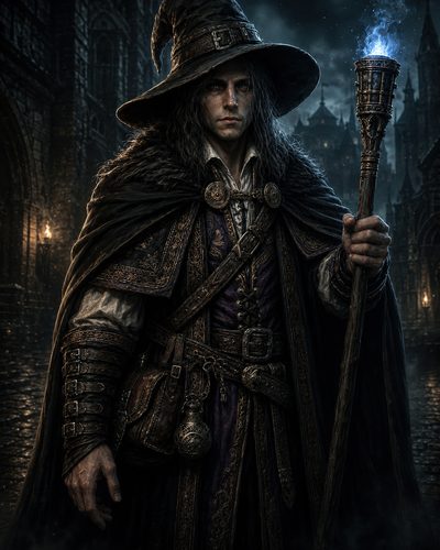 GRID THUMBNAIL — Weathered wizard in a broad-brim hat and ornate dark robes holds a blue-flamed staff on a rain-slick gothic city street at night.
