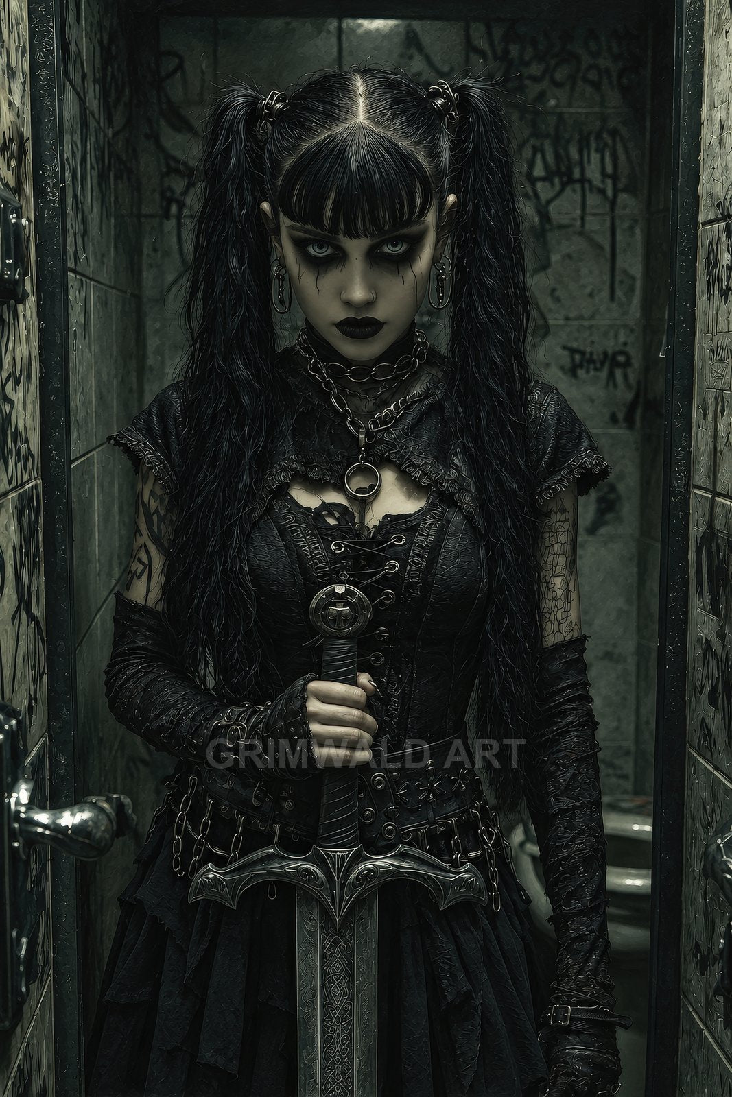 Gothic woman with pigtails and heavy eyeliner grips an ornate two-handed sword inside a narrow, graffitied toilet cubicle, wearing black corseted leather.