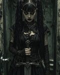 GRID THUMBNAIL — Gothic woman with pigtails and heavy eyeliner grips an ornate two-handed sword inside a narrow, graffitied toilet cubicle, wearing black corseted leather.