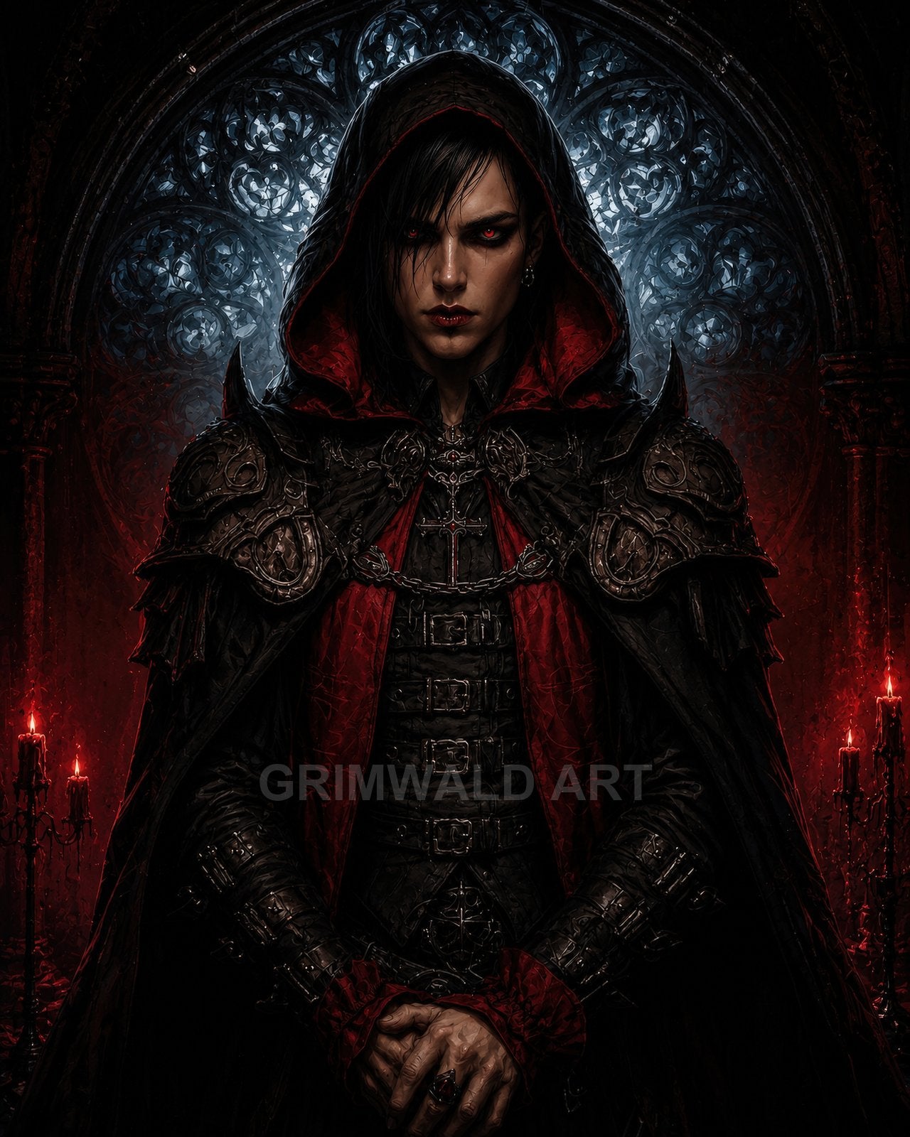 Androgynous vampire in black and red armour and hood stands before a stained-glass archway, red eyes glowing, candles flickering in a dark cathedral.