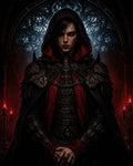 GRID THUMBNAIL — Androgynous vampire in black and red armour and hood stands before a stained-glass archway, red eyes glowing, candles flickering in a dark cathedral.
