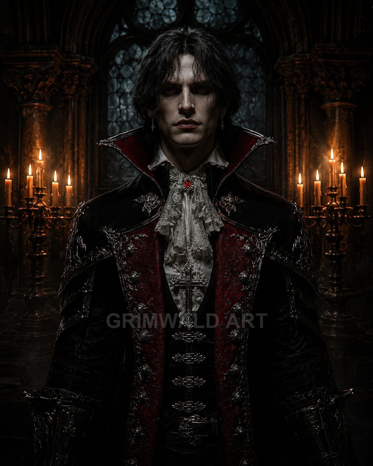A pale, red-eyed vampire aristocrat in an embroidered black and crimson coat stands before gothic arches and candles inside a dark, candlelit cathedral.
