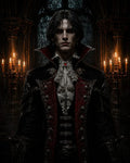 GRID THUMBNAIL — A pale, red-eyed vampire aristocrat in an embroidered black and crimson coat stands before gothic arches and candles inside a dark, candlelit cathedral.