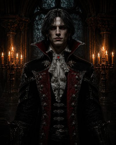 GRID THUMBNAIL — A pale, red-eyed vampire aristocrat in an embroidered black and crimson coat stands before gothic arches and candles inside a dark, candlelit cathedral.